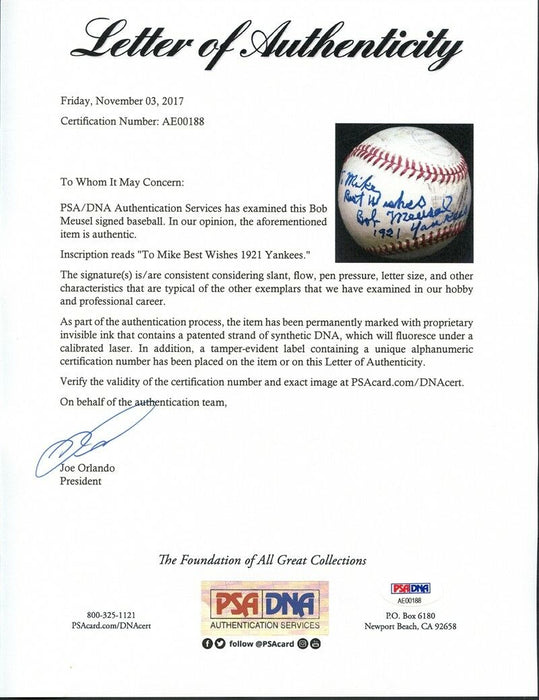 Rare Bob Meusel Single Signed Baseball 1927 New York Yankees PSA DNA COA