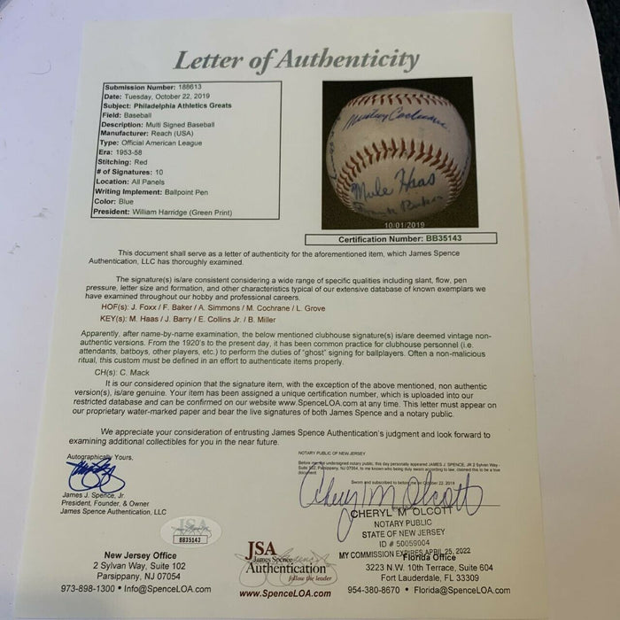 Mickey Cochrane Jimmie Foxx Al Simmons Athletics Greats Signed Baseball JSA COA