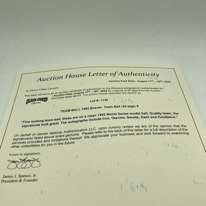 1992 Atlanta Braves NL Champs Team Signed Official World Series Baseball JSA COA