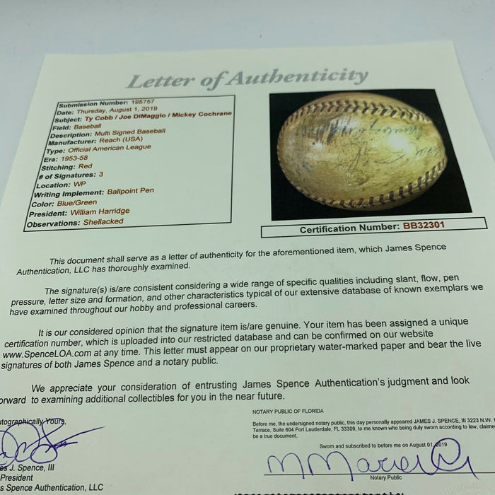 Ty Cobb Joe Dimaggio & Mickey Cochrane Signed American League Baseball JSA COA