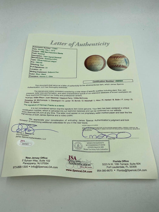 1968 San Francisco Giants Team Signed Baseball Willie Mays Mccovey JSA COA