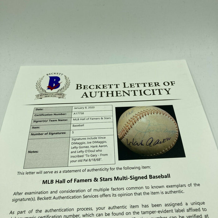 Joe Dimaggio Vince Dimaggio Lefty O'Doul Hank Aaron Signed Baseball Beckett COA