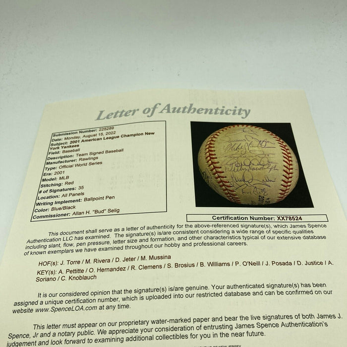 2001 New York Yankees Team Signed W.S. Baseball Derek Jeter Rivera JSA COA