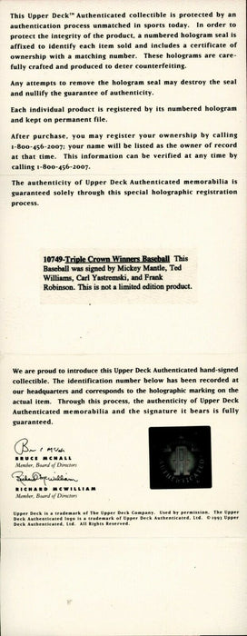 Mickey Mantle Ted Williams Carl Yastrzemski Triple Crown Signed Baseball UDA COA