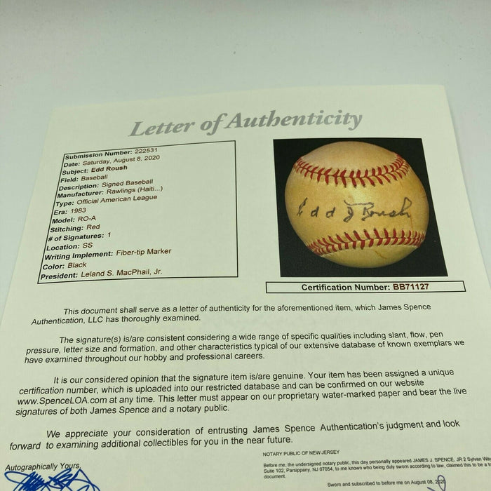 Edd Roush Single Signed Vintage American League Macphail Baseball With JSA COA