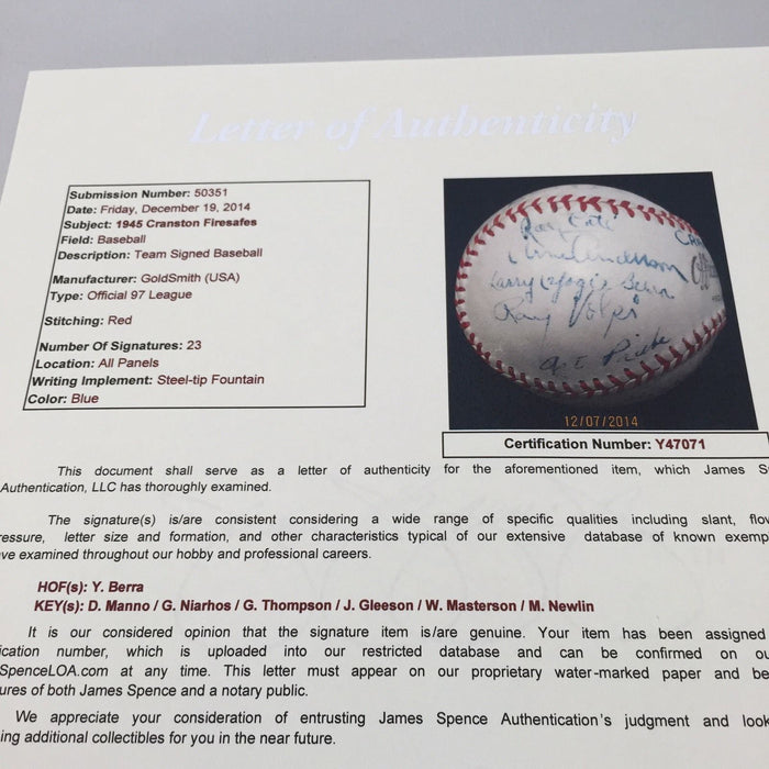 Incredible 1945 Yogi Berra Pre Rookie Minor League Team Signed Baseball JSA COA