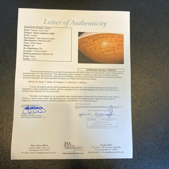Rare 1965 Texas Longhorns Team Signed NCAA Football 60+ Sigs With JSA COA