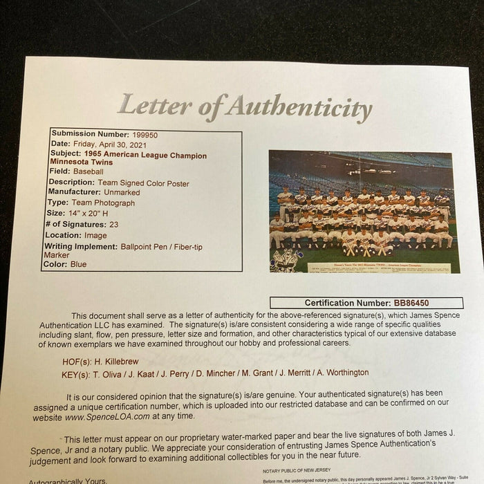 1975 Minnesota Twins AL Champs Team Signed 16x20 Photo Harmon Killebrew JSA COA