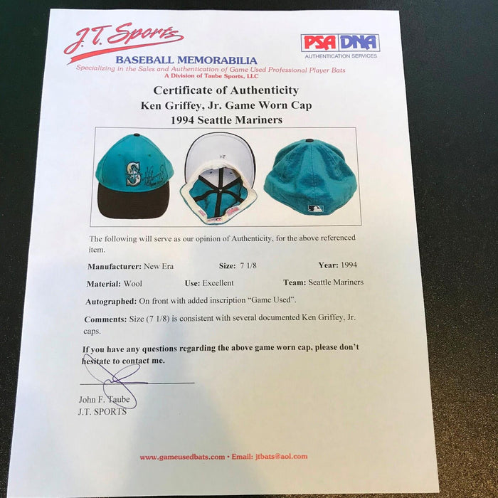 1994 Ken Griffey Jr. Signed Inscribed Game Used Seattle Mariners Hat PSA DNA BAS