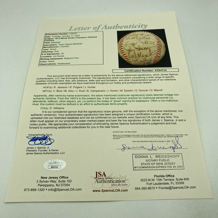 1972 Oakland A's Athletics World Series Champs Team Signed Baseball JSA COA