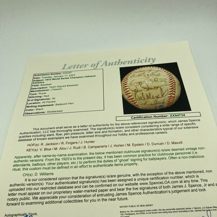 1972 Oakland A's Athletics World Series Champs Team Signed Baseball JSA COA