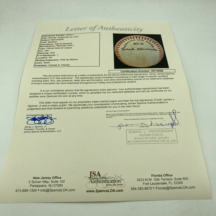 Earl Averill Single Signed Official National League Baseball With JSA COA