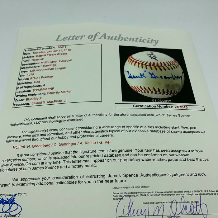 Hank Greenberg Al Kaline Gehringer Detroit Tigers Greats Signed Baseball JSA COA