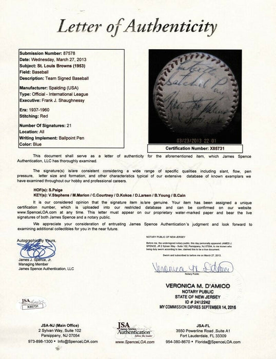 Satchel Paige 1953 St. Louis Browns Team Signed Baseball With JSA COA