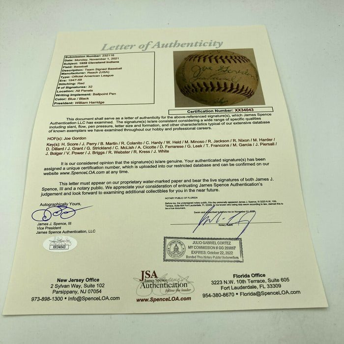 1959 Cleveland Indians Team Signed American League Baseball Joe Gordon JSA COA