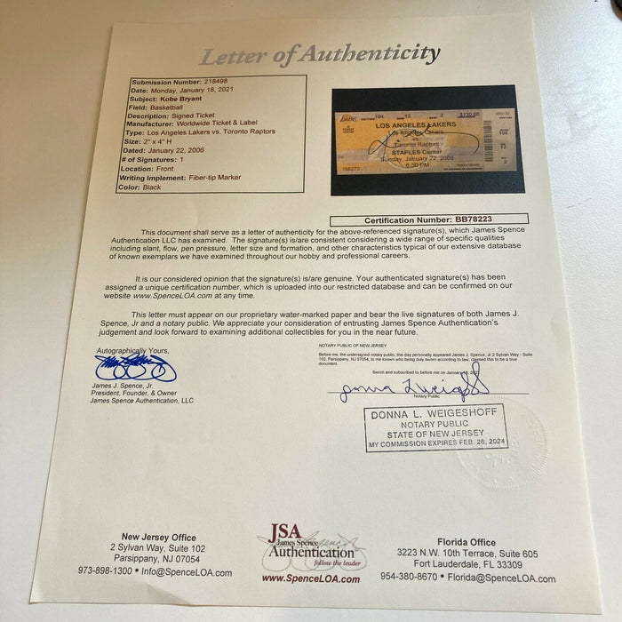 Kobe Bryant Signed 81 Point Game Ticket PSA DNA & JSA COA Los Angeles Lakers