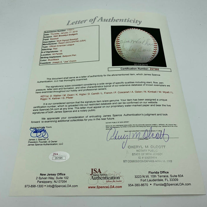 Rare 1941 Brooklyn Dodgers Team Signed American League Baseball With JSA COA