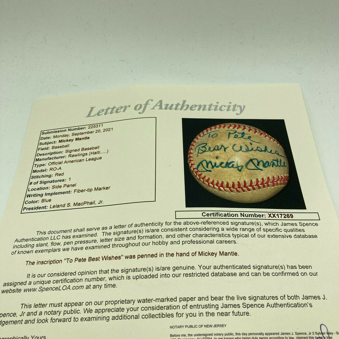 Mickey Mantle Signed Vintage American League Baseball "To Pete" JSA COA