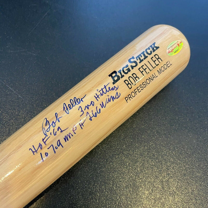 Bob Feller Signed Heavily Inscribed STATS Baseball Bat With JSA COA
