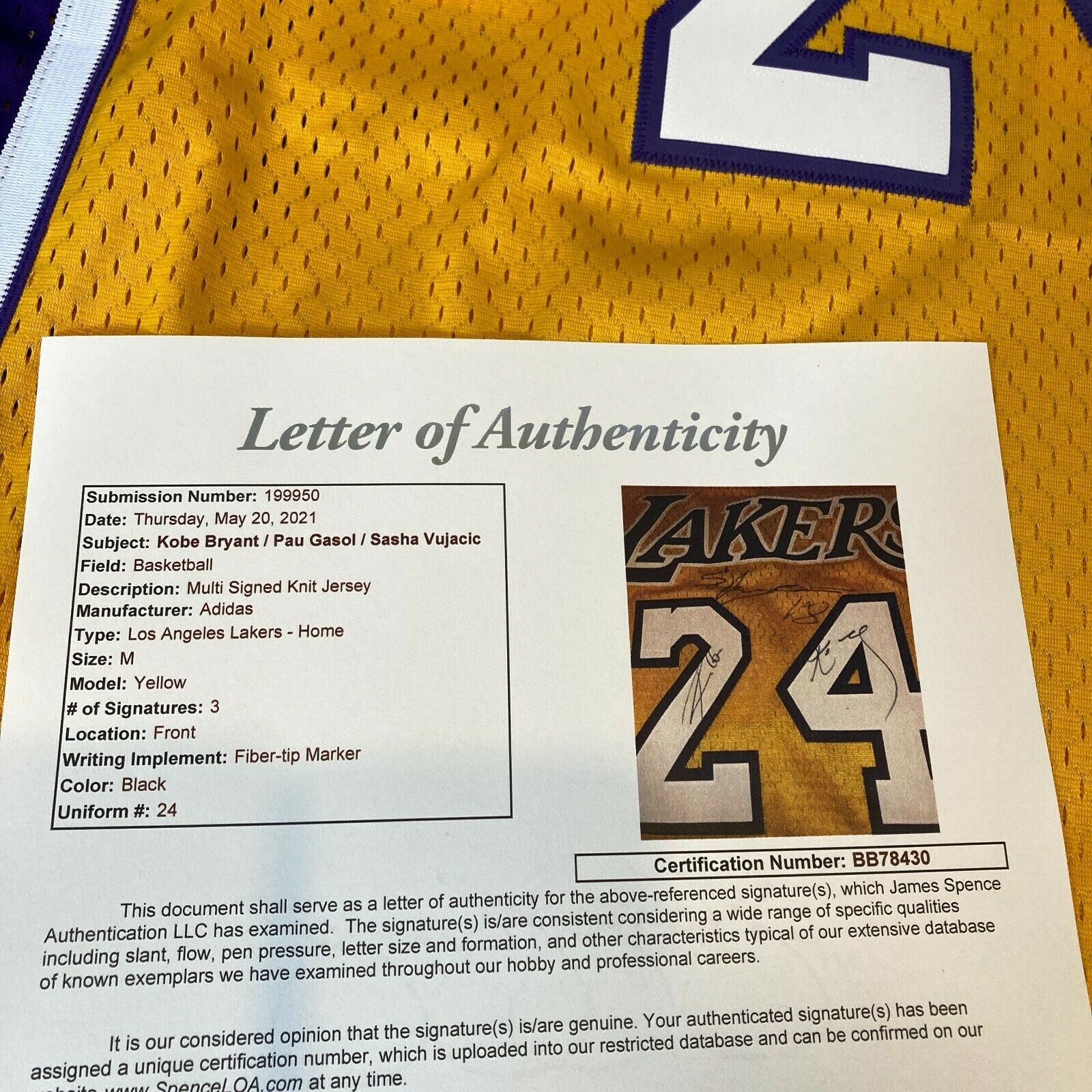 Kobe Bryant Signed #24 Adidas Game Model Authentic Los Angeles Lakers Jersey  JSA