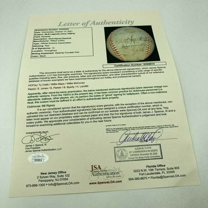 Ty Cobb & Willie Mays HOF Legends Signed Baseball With JSA COA