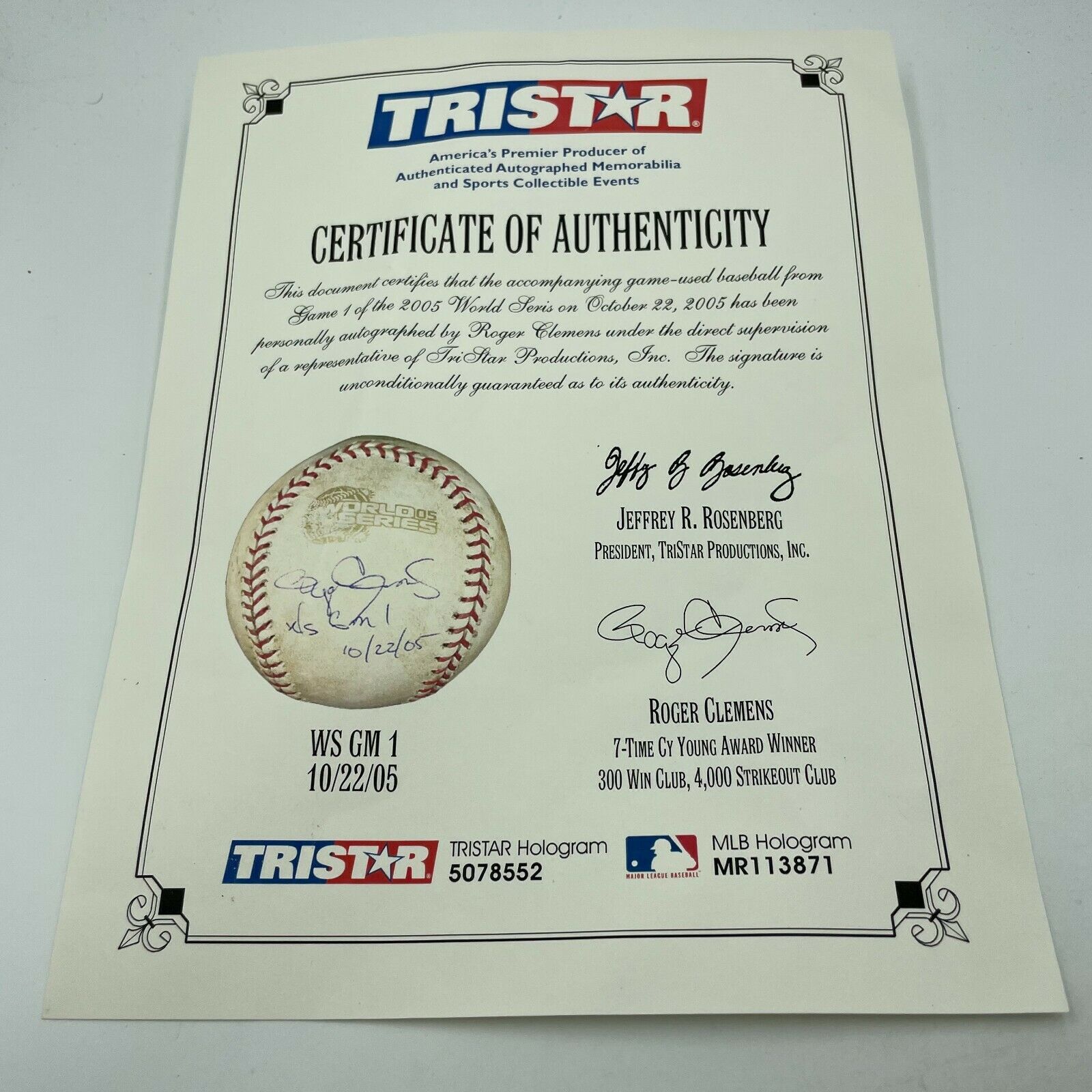 Roger Clemens Signed 2005 World Series Game 1 Game Used Baseball Tristar COA