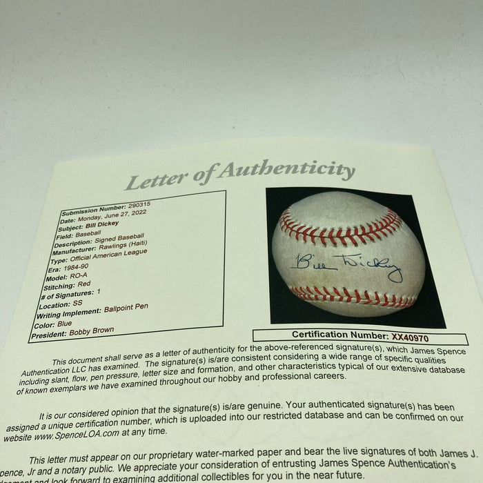 Bill Dickey Signed Official American League Baseball JSA COA