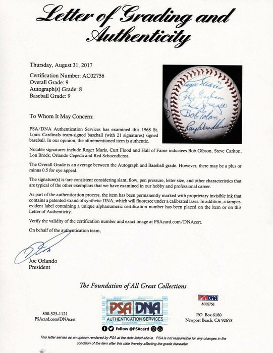 The Finest 1968 St. Louis Cardinals Team Signed Baseball PSA DNA Graded MINT 9