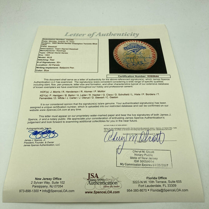 1993 Toronto Blue Jays World Series Champs Team Signed W.S. Baseball JSA COA