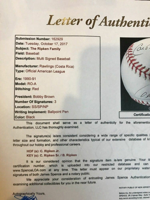 Cal Ripken Jr. Cal Ripken Sr. & Billy Ripken Signed Autographed Baseball JSA COA