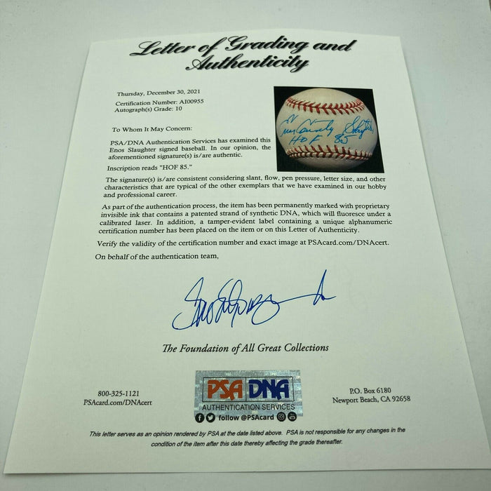 Enos Country Slaughter HOF 1985 Signed Baseball PSA DNA Graded GEM MINT 10