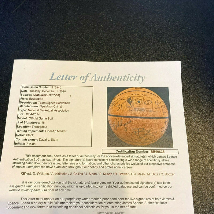 2007-08 Utah Jazz Team Signed Game Used Official NBA Game Basketball JSA COA