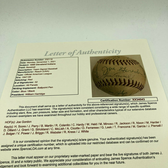 1959 Cleveland Indians Team Signed American League Baseball Joe Gordon JSA COA