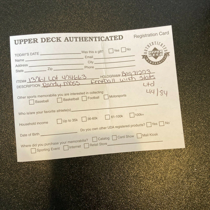 Randy Moss 1998 Rookie Signed Wilson NFL Game Football #44/84 UDA Upper Deck COA