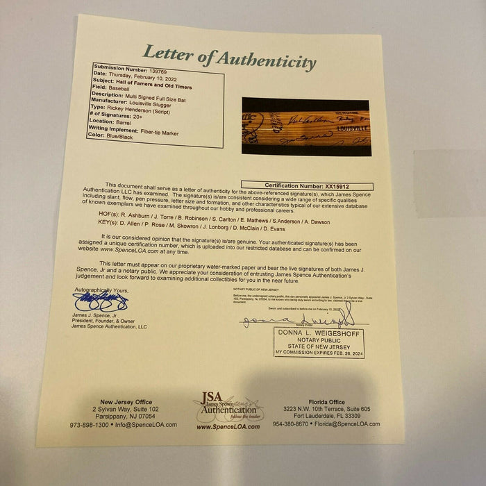 Hall Of Fame Legends Multi Signed Baseball Bat With 20+ Sigs JSA COA