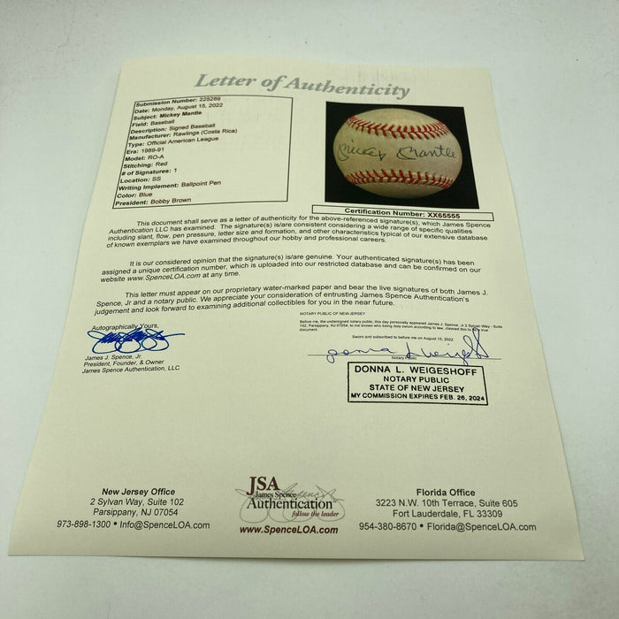 Nice Mickey Mantle Signed Official American League Baseball JSA COA