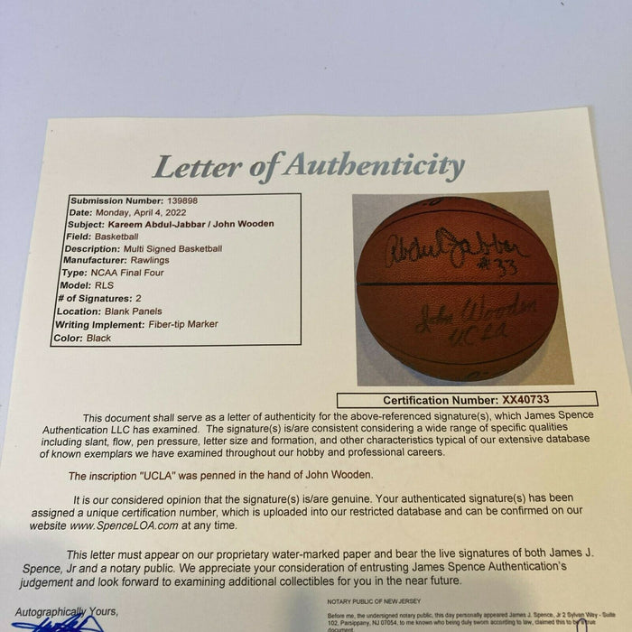 Kareem Abdul-Jabbar & John Wooden UCLA Signed NCAA Basketball JSA COA