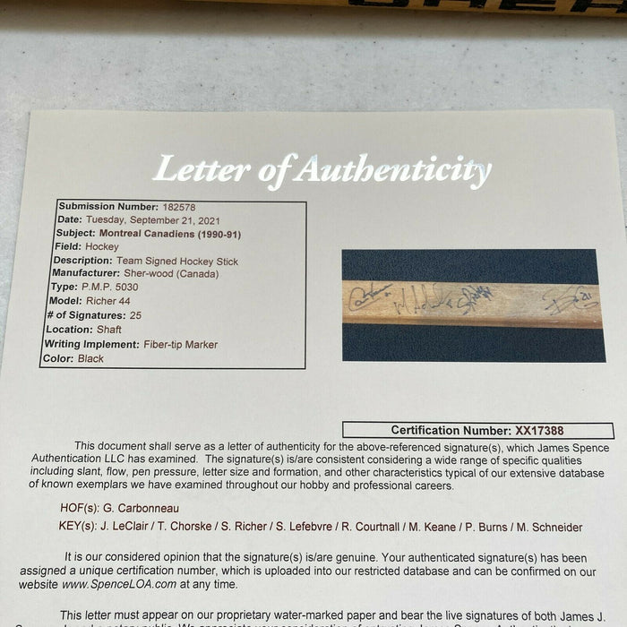 1990-91 Montreal Canadiens Team Signed Hockey Stick 25 Sigs With JSA COA