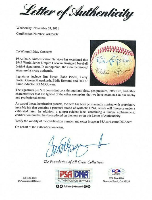 1947 World Series Game Used Baseball Bill McGowan Signed Yankees Dodgers PSA DNA