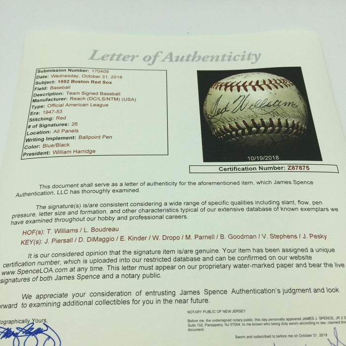 Nice 1952 Boston Red Sox Team Signed Baseball Ted Williams 26 Sigs With JSA COA