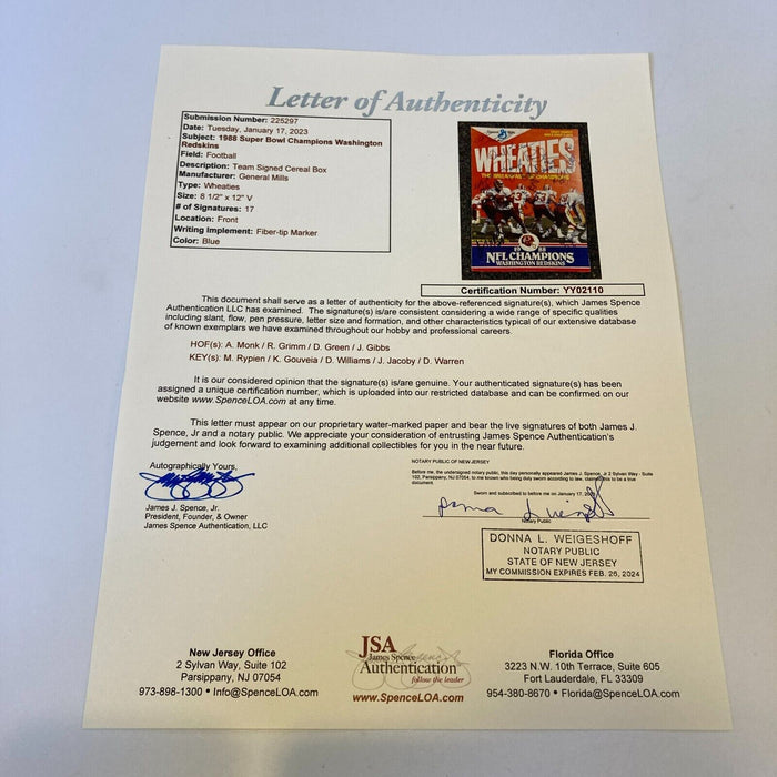 1988 washington Redskins Super Bowl Champs Team Signed Wheaties Box JSA COA