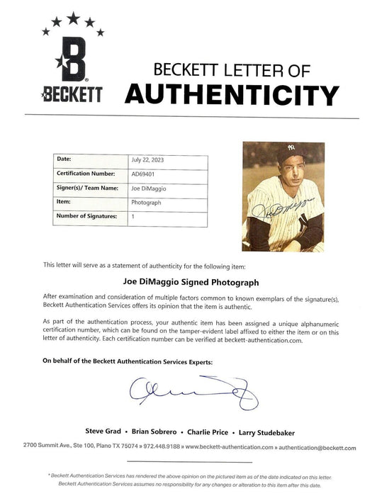 Joe Dimaggio Signed 8x10 New York Yankees Photo Beckett COA