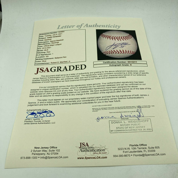 Beautiful Justin Verlander Signed Major League Baseball JSA COA Graded MINT 9