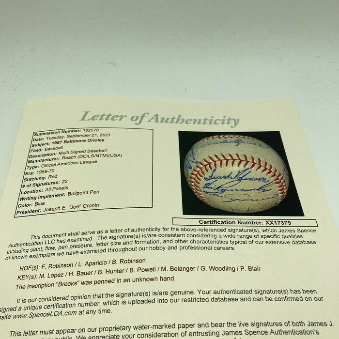 Nice 1967 Baltimore Orioles Team Signed American League Baseball With JSA COA