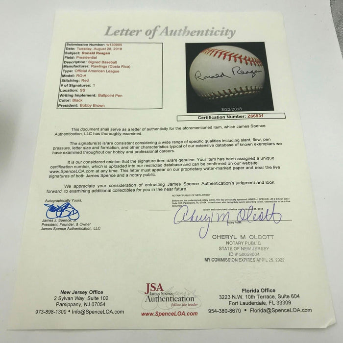 Mint President Ronald Reagan Single Signed American League Baseball JSA COA