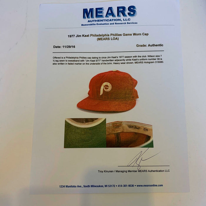 1977 Jim Kaat Game Used Philadelphia Phillies Hat Cap With Mears COA