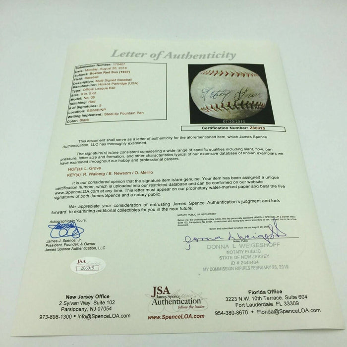 1937 Lefty Grove Playing Days Signed Baseball With JSA COA Boston Red Sox Auto