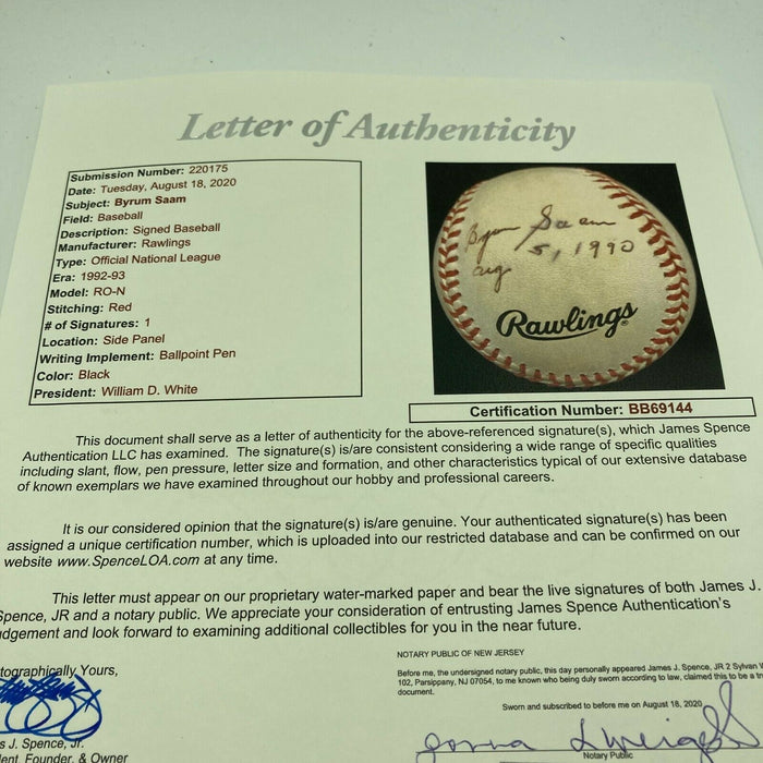 By Saam HOF 8-5-1990 Single Signed Baseball Philadelphia Phillies JSA COA RARE