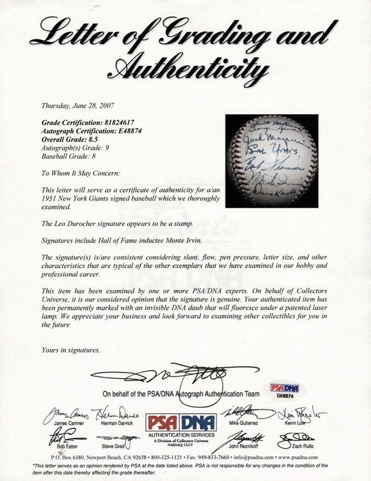 1951 New York Giants Team Signed Baseball PSA DNA Autograph Grade MINT 9