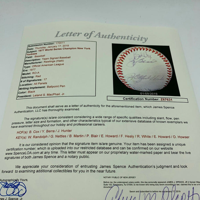 1977 New York Yankees World Series Champs Team Signed Baseball With JSA COA